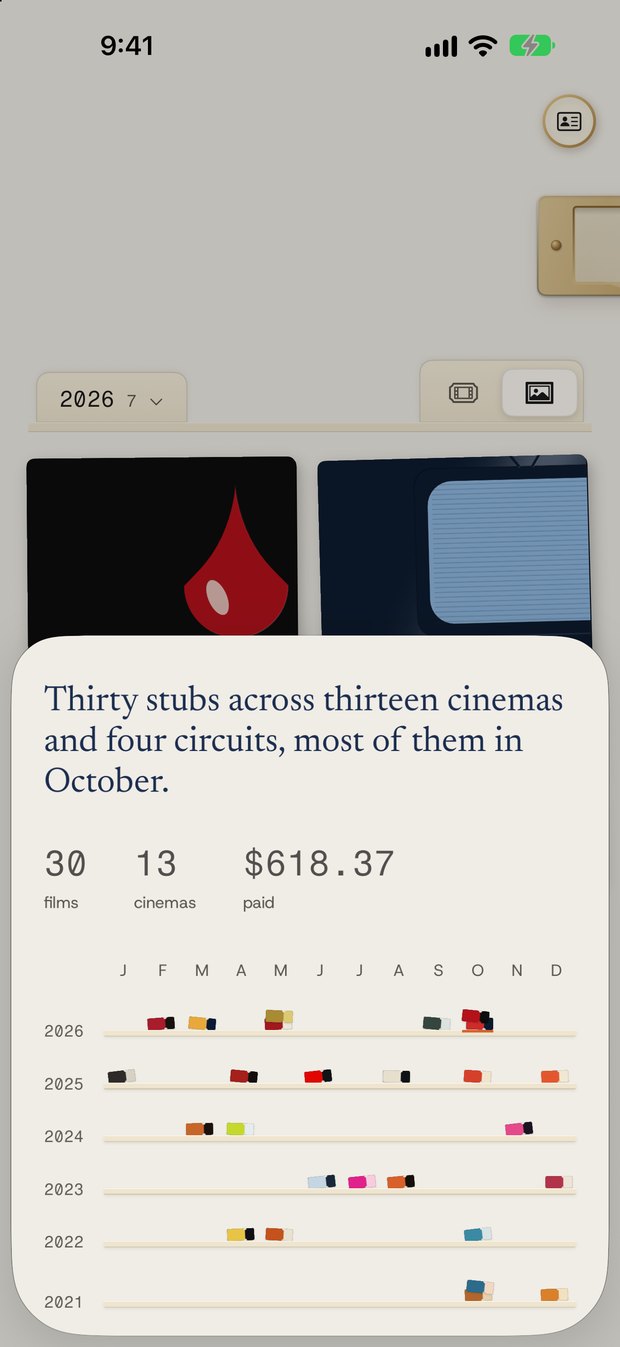 The season in Stub: thirty stubs across thirteen cinemas and four circuits, every night of every year on one shelf.